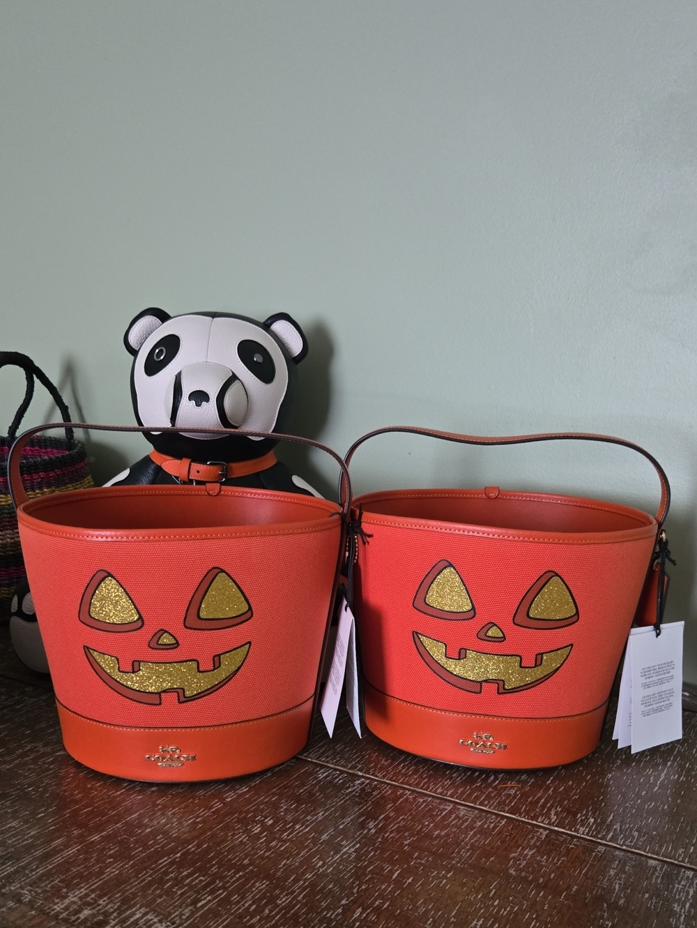 Coach Kids Orange Holloween Pumpkin Bucket Bag with Gold Glitter Face